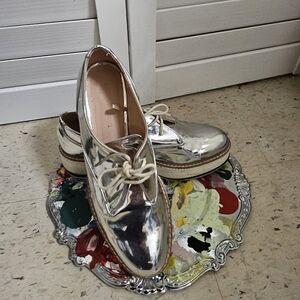Zara Womens Silver Metallic Mirror Platform Shoes Sneakers Laces US 8 (39)